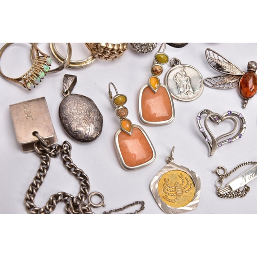 218 - A SELECTION OF SILVER AND WHITE METAL JEWELLERY, to include ten rings, a pair of gem set drop earrin... 