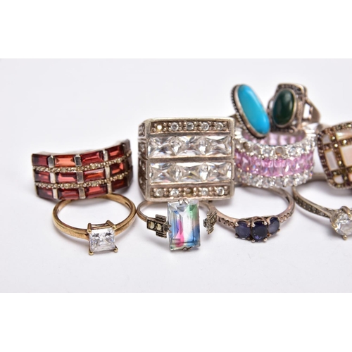 220 - A SELECTION OF SILVER AND WHITE METAL RINGS, to include a foliate marcasite ring, a signet style rin... 