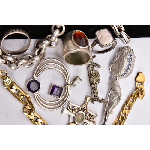 225 - A SELECTION OF SILVER AND WHITE METAL JEWELLERY, to include an amethyst pendant, a gem set panel, th... 