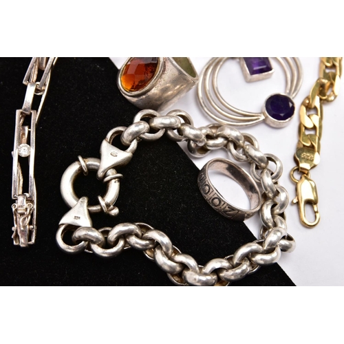 225 - A SELECTION OF SILVER AND WHITE METAL JEWELLERY, to include an amethyst pendant, a gem set panel, th... 