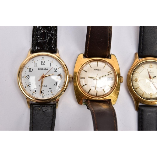 226 - THREE GENTLEMAN'S WATCHES AND A WATCH HEAD, to include Sekonda, Avia, Timex and a Corvette watch hea... 