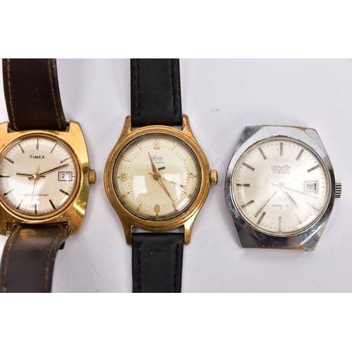 226 - THREE GENTLEMAN'S WATCHES AND A WATCH HEAD, to include Sekonda, Avia, Timex and a Corvette watch hea... 