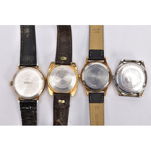 226 - THREE GENTLEMAN'S WATCHES AND A WATCH HEAD, to include Sekonda, Avia, Timex and a Corvette watch hea... 