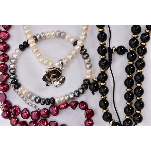 228 - A SELECTION OF MAINLY CULTURED PEARL JEWELLERY, to include two dyed cultured pearl necklaces, two cu... 