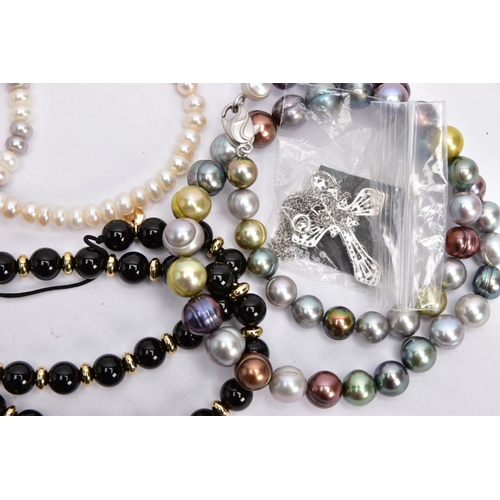 228 - A SELECTION OF MAINLY CULTURED PEARL JEWELLERY, to include two dyed cultured pearl necklaces, two cu... 