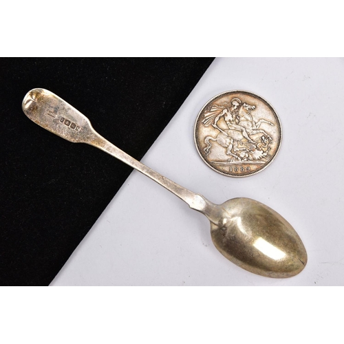 230 - A SILVER SPOON AND COIN, the Georgian silver teaspoon with Fiddle pattern terminal and engraved init... 