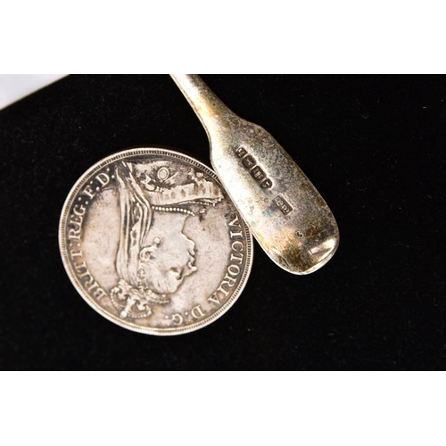 230 - A SILVER SPOON AND COIN, the Georgian silver teaspoon with Fiddle pattern terminal and engraved init... 