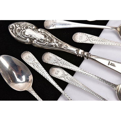 231 - A SELECTION OF SILVER ITEMS, to include five matching teaspoons, two further teaspoons, a silver han... 