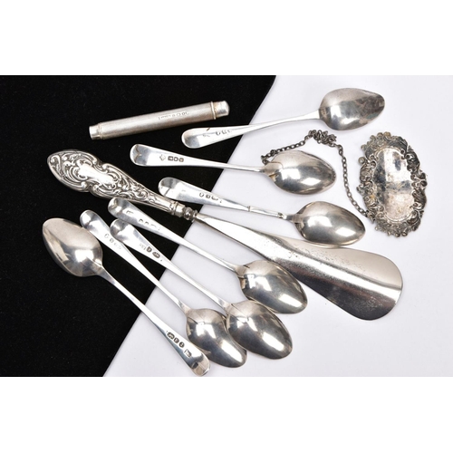 231 - A SELECTION OF SILVER ITEMS, to include five matching teaspoons, two further teaspoons, a silver han... 