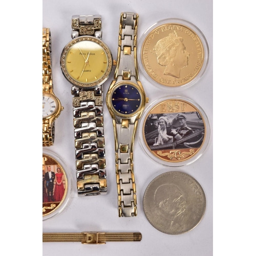 233 - A SELECTION OF WATCHES AND COINS, to include an Ingersoll open face pocket watch, a lady's gold plat... 