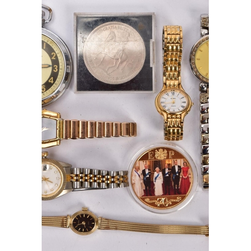 233 - A SELECTION OF WATCHES AND COINS, to include an Ingersoll open face pocket watch, a lady's gold plat... 