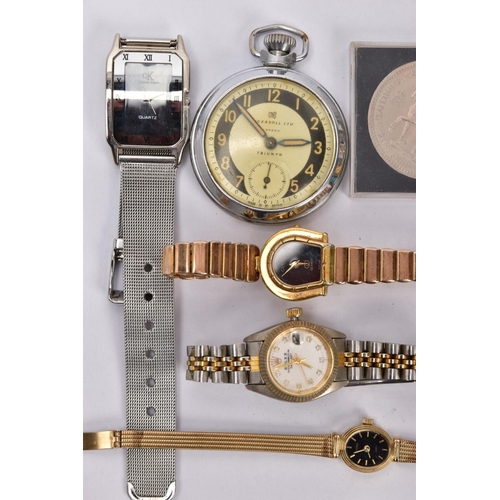 233 - A SELECTION OF WATCHES AND COINS, to include an Ingersoll open face pocket watch, a lady's gold plat... 