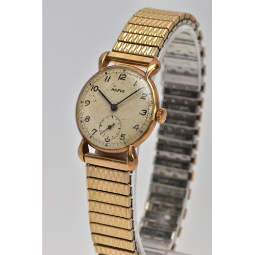 247 - A GENTS 9CT GOLD 'HEFIK' WRISTWATCH, hand wound movement, round silver dial signed 'Hefik', Arabic n... 