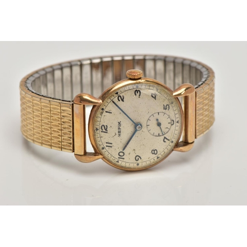 247 - A GENTS 9CT GOLD 'HEFIK' WRISTWATCH, hand wound movement, round silver dial signed 'Hefik', Arabic n... 