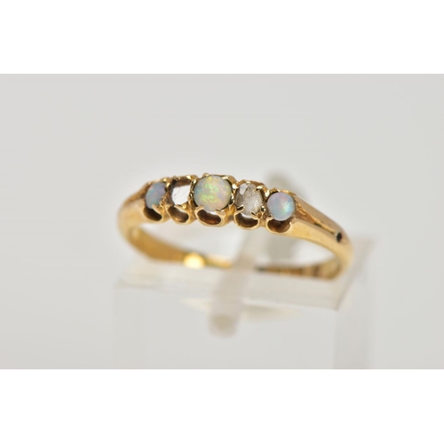 255 - A LATE VICTORIAN, 18CT GOLD GEM SET RING, five stone design with three graduated opal cabochons and ... 