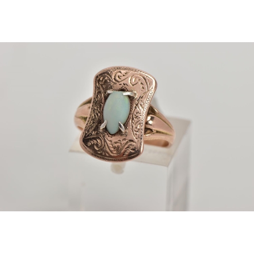 257 - AN EARLY 20TH CENTURY 9CT GOLD OPAL RING, the head of the ring of a rounded rectangular shape with a... 