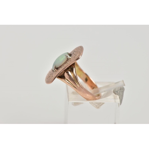 257 - AN EARLY 20TH CENTURY 9CT GOLD OPAL RING, the head of the ring of a rounded rectangular shape with a... 