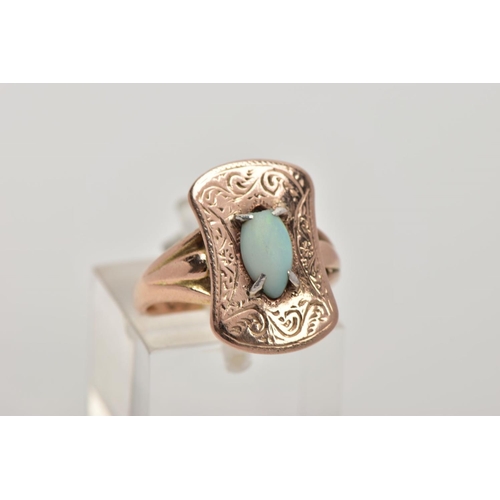 257 - AN EARLY 20TH CENTURY 9CT GOLD OPAL RING, the head of the ring of a rounded rectangular shape with a... 