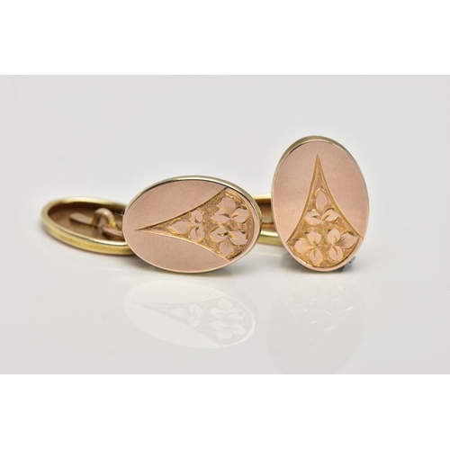 258 - A PAIR OF 9CT GOLD CUFFLINKS, each of an oval form, engraved foliate design, hallmarked 9ct gold Bir... 