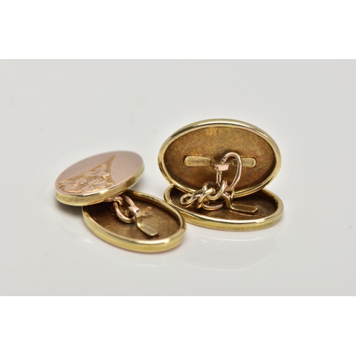 258 - A PAIR OF 9CT GOLD CUFFLINKS, each of an oval form, engraved foliate design, hallmarked 9ct gold Bir... 