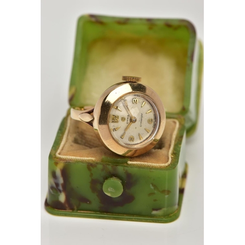 262 - A LADIES 9CT GOLD 'CYMA' RING WATCH, round silver dial signed 'Cyma' cymaflex, Arabic twelve, three,... 