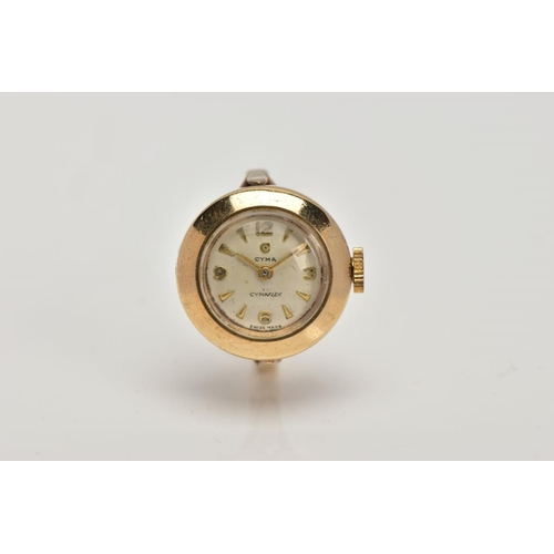 262 - A LADIES 9CT GOLD 'CYMA' RING WATCH, round silver dial signed 'Cyma' cymaflex, Arabic twelve, three,... 