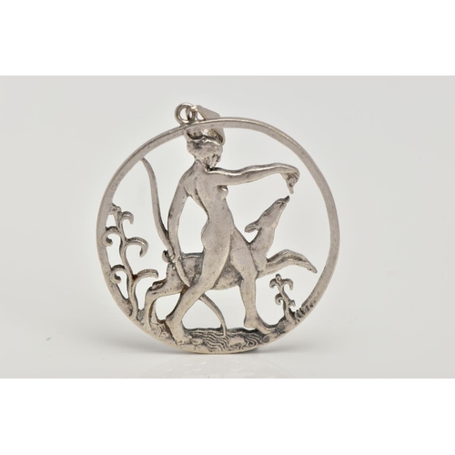 264 - A SILVER OPENWORK PENDANT, depicting goddess Diana bearing a bow walking with a deer, engraved to th... 