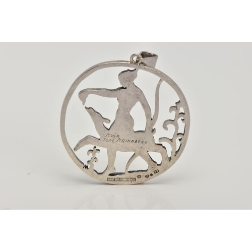 264 - A SILVER OPENWORK PENDANT, depicting goddess Diana bearing a bow walking with a deer, engraved to th... 