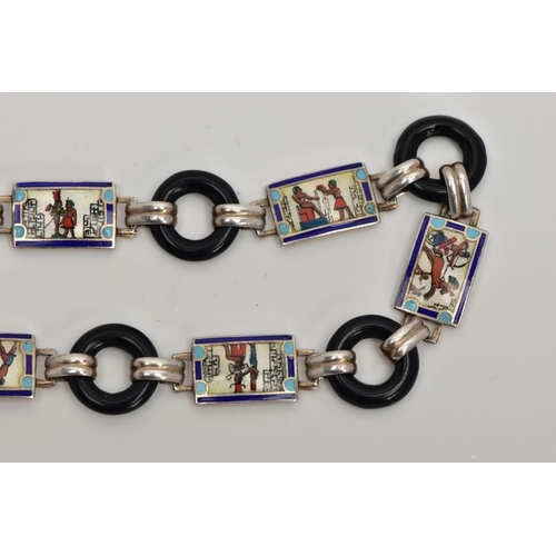 271 - A WHITE METAL GUILLOCHE ENAMEL BRACELET, designed with six rectangular white metal inks, decorated w... 