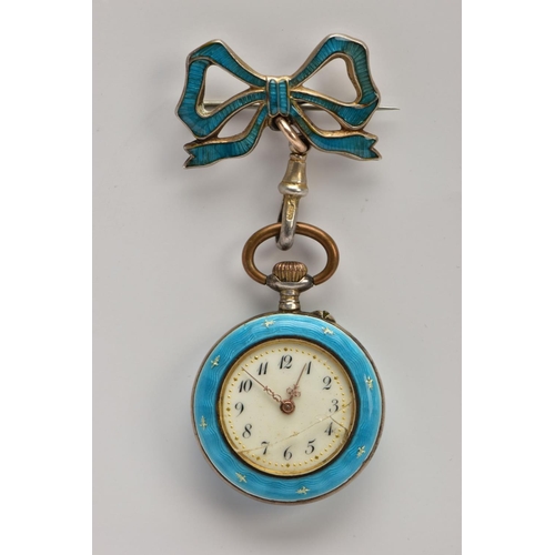 273 - A WHITE METAL GUILLOCHE ENAMEL FOB WATCH, designed with a blue guilloche enamel bow shaped brooch st... 