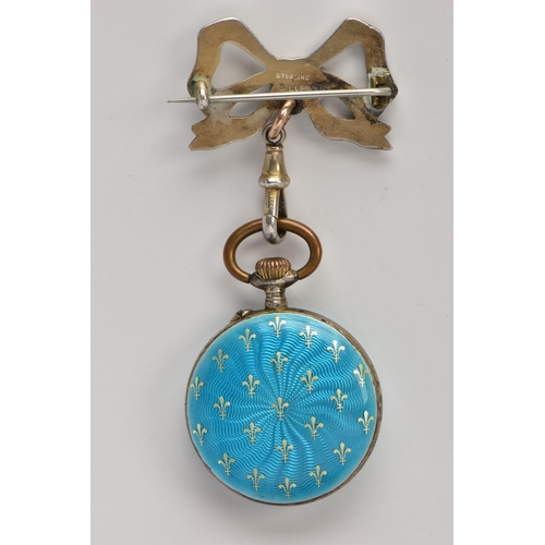 273 - A WHITE METAL GUILLOCHE ENAMEL FOB WATCH, designed with a blue guilloche enamel bow shaped brooch st... 