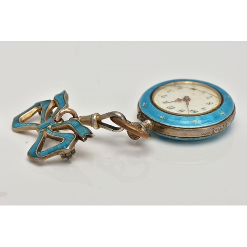 273 - A WHITE METAL GUILLOCHE ENAMEL FOB WATCH, designed with a blue guilloche enamel bow shaped brooch st... 