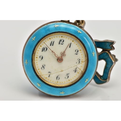 273 - A WHITE METAL GUILLOCHE ENAMEL FOB WATCH, designed with a blue guilloche enamel bow shaped brooch st... 