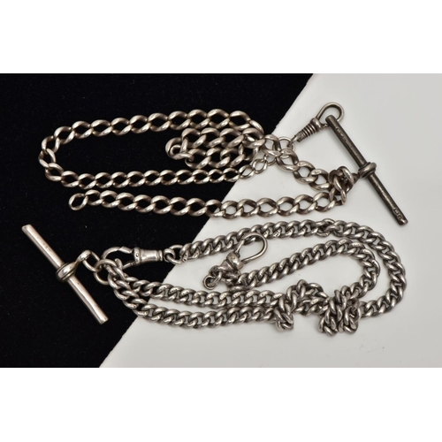 277 - TWO SILVER ALBERT CHAINS, the first a curb link chain fitted with two lobster hook clasps, also fitt... 