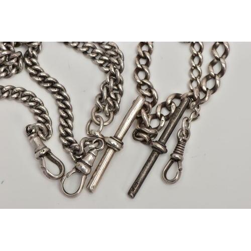 277 - TWO SILVER ALBERT CHAINS, the first a curb link chain fitted with two lobster hook clasps, also fitt... 