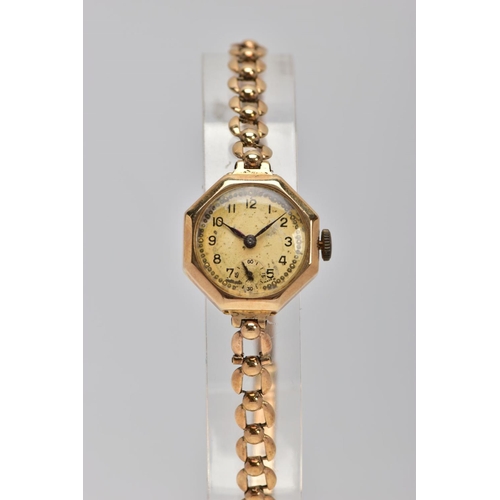 280 - A LADIES 9CT GOLD WRISTWATCH, round silver dial (discoloured), Arabic numerals, seconds subsidiary d... 