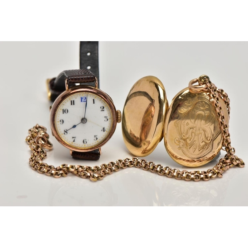 285 - A 9CT GOLD WRISTWATCH, A GOLD-PLATED CHAIN WITH A YELLOW METAL LOCKET, the watch with a round white ... 