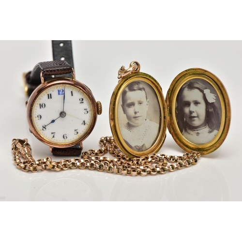 285 - A 9CT GOLD WRISTWATCH, A GOLD-PLATED CHAIN WITH A YELLOW METAL LOCKET, the watch with a round white ... 