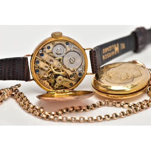 285 - A 9CT GOLD WRISTWATCH, A GOLD-PLATED CHAIN WITH A YELLOW METAL LOCKET, the watch with a round white ... 