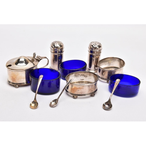 286 - A CASED SILVER FIVE PIECE CONDIMENT SET, comprising of two oval salts, each raised on four ball feet... 