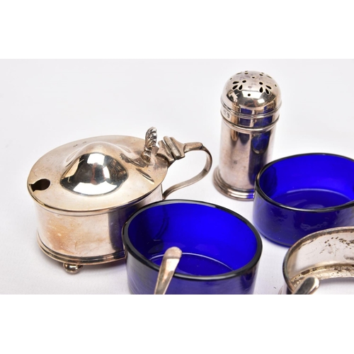 286 - A CASED SILVER FIVE PIECE CONDIMENT SET, comprising of two oval salts, each raised on four ball feet... 