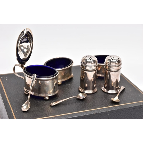 286 - A CASED SILVER FIVE PIECE CONDIMENT SET, comprising of two oval salts, each raised on four ball feet... 