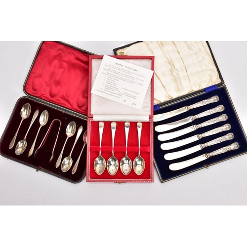 287 - TWO CASED SETS OF SILVER TEASPOONS AND A CASED SET OF SILVER HANDLED BUTTER KNIVES, the first set of... 