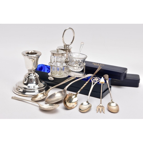 288 - A SELECTION OF SILVER ITEMS, to include a single dwarf candlestick with a circular stepped weighted ... 