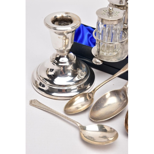 288 - A SELECTION OF SILVER ITEMS, to include a single dwarf candlestick with a circular stepped weighted ... 