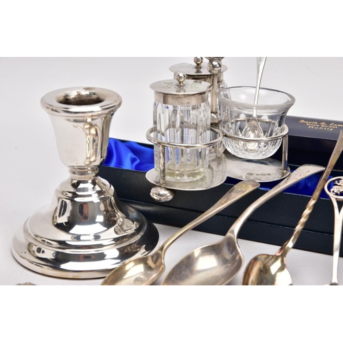 288 - A SELECTION OF SILVER ITEMS, to include a single dwarf candlestick with a circular stepped weighted ... 