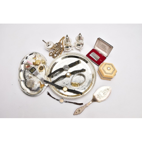 292 - A BOX OF ASSORTED ITEMS, to include a white metal circular tray, a white metal oval tray, a silver-p... 