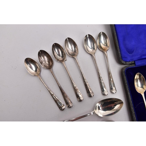 293 - A SELECTION OF SILVER TEASPOONS AND SUGAR TONGS, to include a cased set of six teaspoons, each decor... 