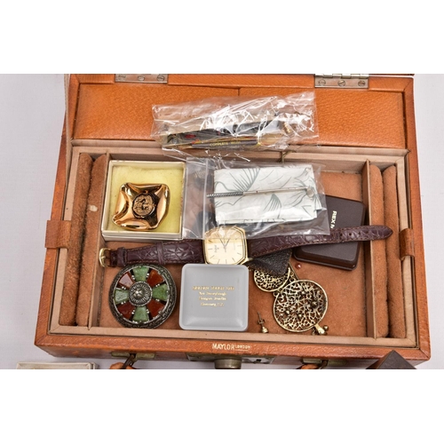 298 - A JEWELLERY BOX WITH CONTENTS AND OTHER ITEMS the brown leather jewellery box with contents to inclu... 