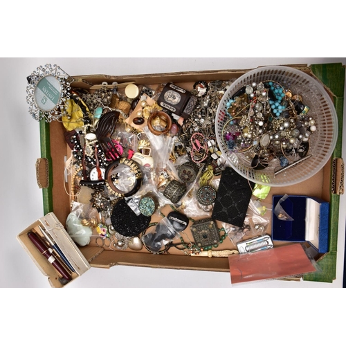 299 - A BOX OF MOSTLY COSTUME JEWELLERY, pieces to include yellow and white metal necklaces, bracelets, ea... 